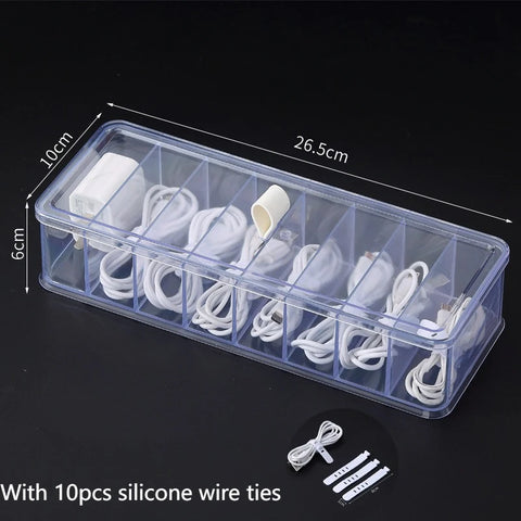Cable Organizer Box with Wire Ties, Plastic Cord Storage Box with Lid, Electronics Organizer for Home Office Desk Organizers
