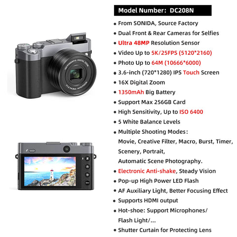 SONIDA 2025 ISO 6400 High-Resolution 3.6 Inch 5K Digital Camera Zoom Lens 4K Video HD Features High Quality Wifi 5K Photography