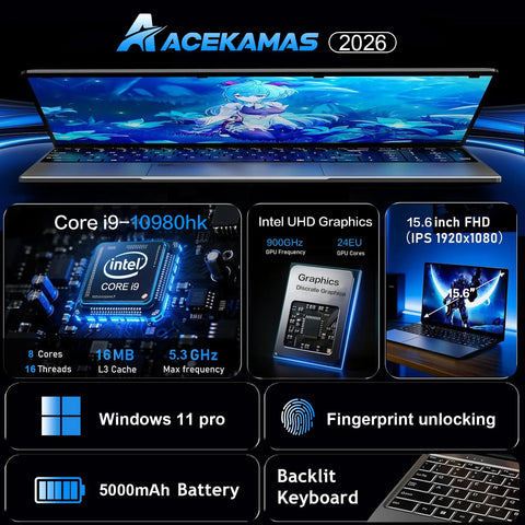 Windows 11 Pro 15.6" Ultra Slim Portable Laptop Core I9 10980HK 16GB RAM 1TB SSD Fingerprint Backlight Office Gaming Laptop PC