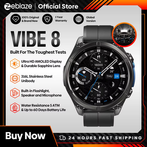 NEW 2025  VIBE 8 Voice Calling 1.43" AMOLED Display Smart Watch Built-In Flashlight Heart Rate Blood Pressure Smart Watch