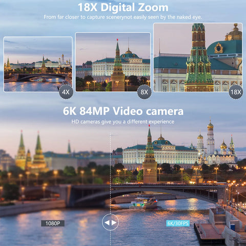6K Digital Camera for Photography and Video Autofocus Anti-Shake 84MP Youtube Vlogging Camera 3'' 180° Flip Screen with Flash