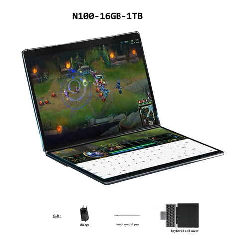 Dual Screen Laptop Intel N100 Processor 13.5+13.5 Inch Touch Screen Gaming Laptop DDR4 32GB 1TB 512GB SSD Notebook Computer