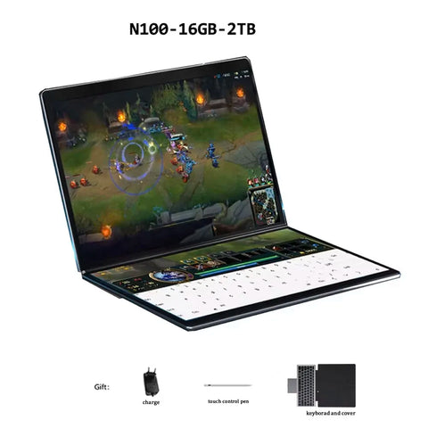Dual Screen Laptop Intel N100 Processor 13.5+13.5 Inch Touch Screen Gaming Laptop DDR4 32GB 1TB 512GB SSD Notebook Computer