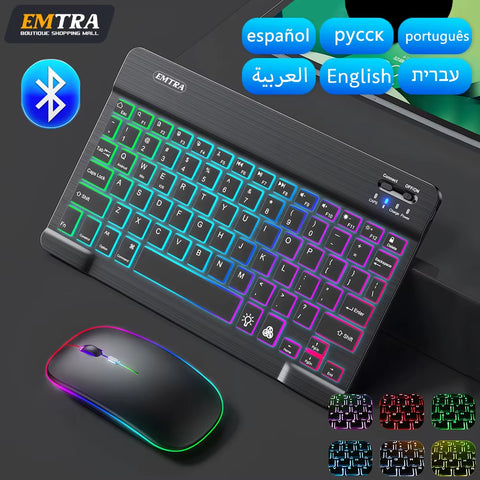 Backlit Backlight Bluetooth Keyboard Mouse for IOS Android Windows for Ipad Portuguese Keyboard Spanish Keyboard and Mouse
