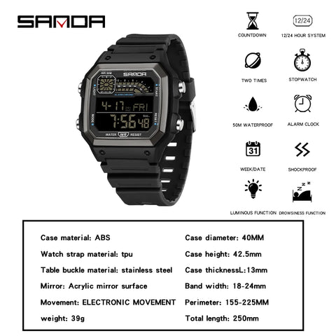 Men'S Watch Lightweight Square Outdoor Sports Electronics Wristwatch Waterproof Alarm Clock LED Digital Watches Relojes
