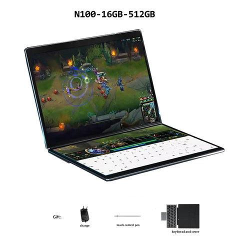 Dual Screen Laptop Intel N100 Processor 13.5+13.5 Inch Touch Screen Gaming Laptop DDR4 32GB 1TB 512GB SSD Notebook Computer