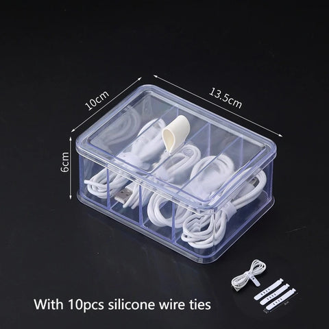 Cable Organizer Box with Wire Ties, Plastic Cord Storage Box with Lid, Electronics Organizer for Home Office Desk Organizers