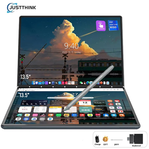 Dual Screen Laptop Intel N100 Processor 13.5+13.5 Inch Touch Screen Gaming Laptop DDR4 32GB 1TB 512GB SSD Notebook Computer