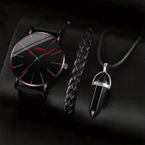 3Pcs Set Fashion Mens Watches Luxury Casual Leather Quartz Wristwatch Men Business Sports Wrist Watch Bracelet Necklace Set